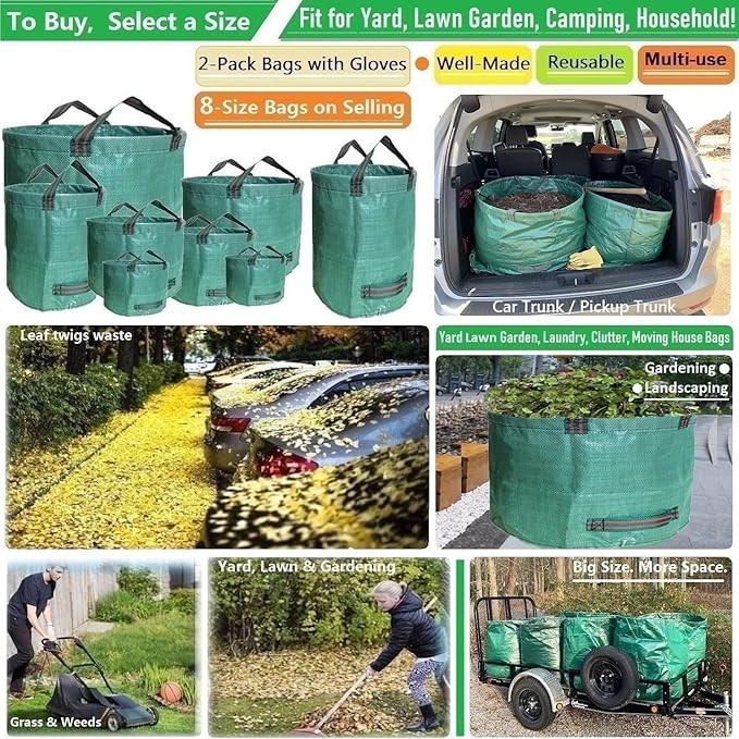 Professional 2-Pack 63 Gallon Lawn Garden Bags Big (D31H19 in) Yard Waste Bags with Gardening Gloves for Reusable Leaf BagGarden Trash ContainersLawn WeedsGrass ClippingsYard Debris Bag 4 Handles