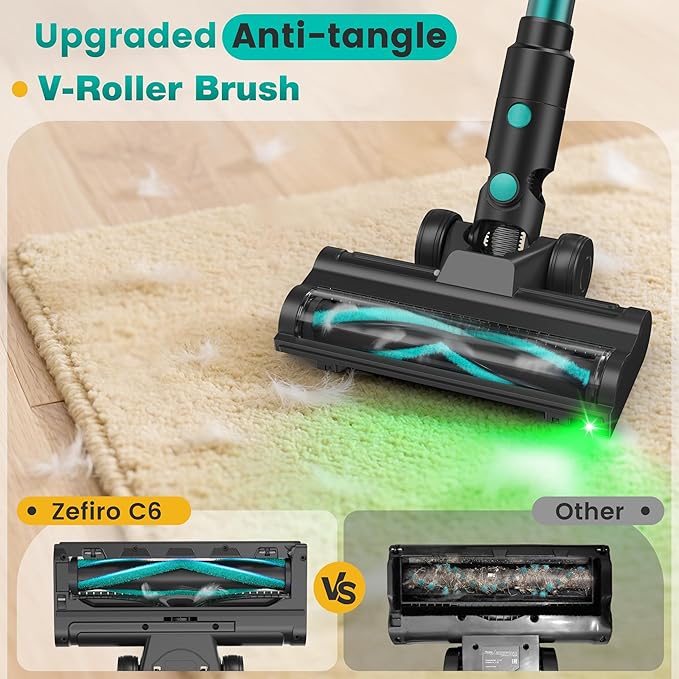 Zefiro Cordless Vacuum Cleaner45Mins Runtime Vacuum Cleaners for Home Anti-Tangle and 1.5L Dust Cup Lightweight Vacuum for Hardwood Floor Carpet Pet Hair