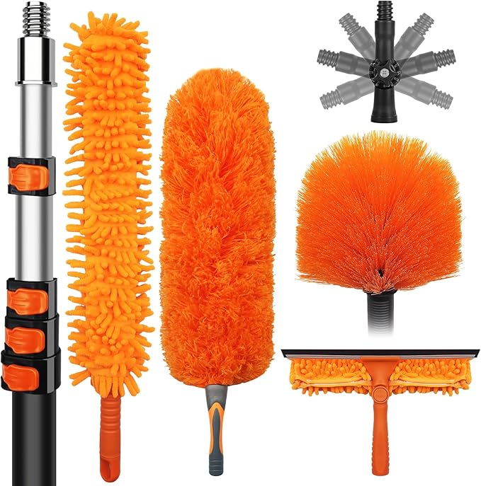 DALTACK 28 Foot High Dusters Kit for Cleaning with 5-20 Foot Heavy Duty Extension Pole Extendable Reusable Cobweb Feather Ceiling Fan Cleaner Duster Window Squeegee Kit