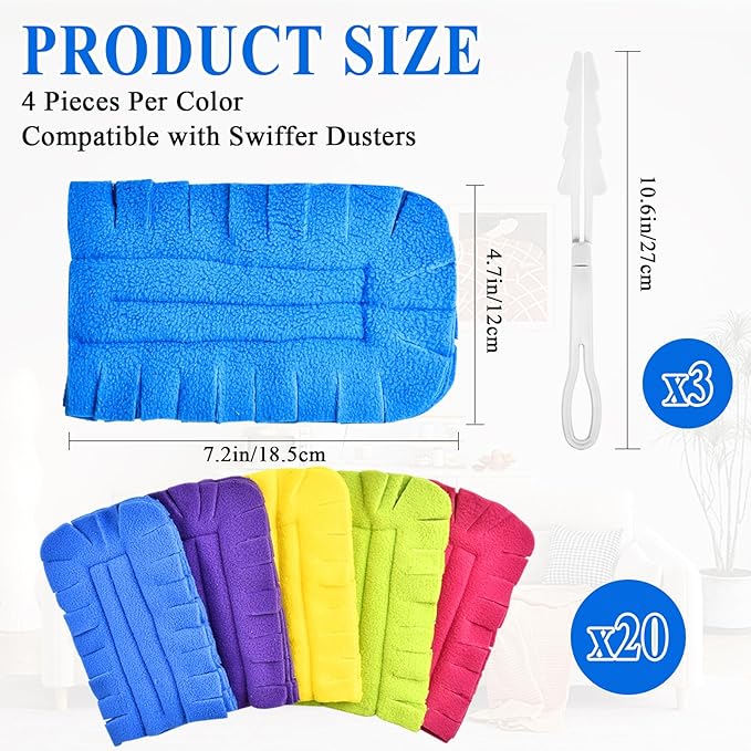 20Pcs Fleece Duster Refills Reusable Dusters Compatible with Swiffer with 3pcs Handles Washable Dusters Pads for Cleaning Ceiling Hardwoods Window Kitchen Floor 5 Colors