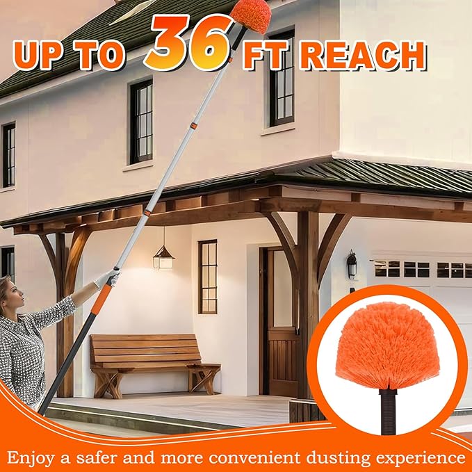 36FT Reach Cobweb Duster with Extension Pole High Ceiling Long Duster with 7-30FT Telescoping Pole Spider Web Brush for Indoor Outdoor Use
