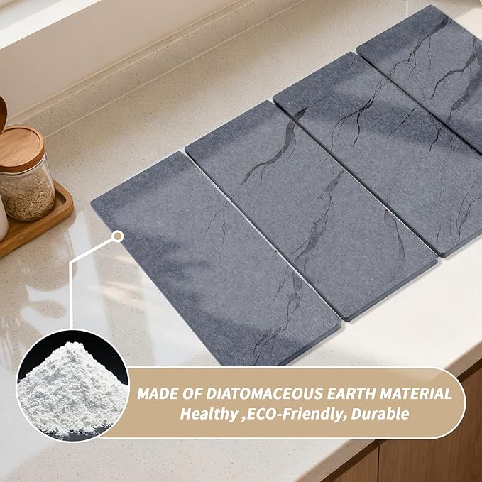2 PCS Large Stone Dish Drying Mat for Kitchen Counter Diatomaceous Earth Quick Dry Foldable Dish Drying Pad with Anti Slip Mesh Mats(16x24in 4x8in grey)