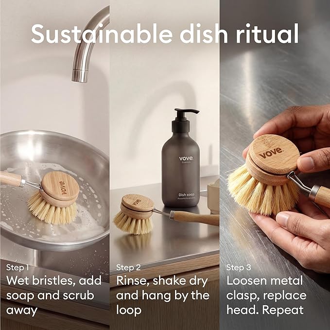 Vove Bamboo Dish Brush FSC-Certified - Includes 3 Replacement Heads - Natural Fiber Bristles - Non-Toxic Plastic-Free - Scrub Brush for Pots Pans &amp Dishes