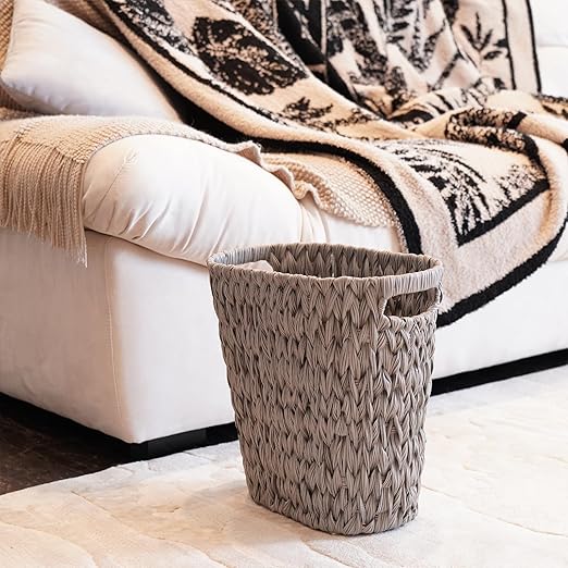 PINXIURY Wicker Trash CanWatse Basket Woven Bathroom Trash Can with Handles Waste Paper Basket Trash Cans for BedroomDecorative Boho Trash Can 19 Liters/5 Gallons