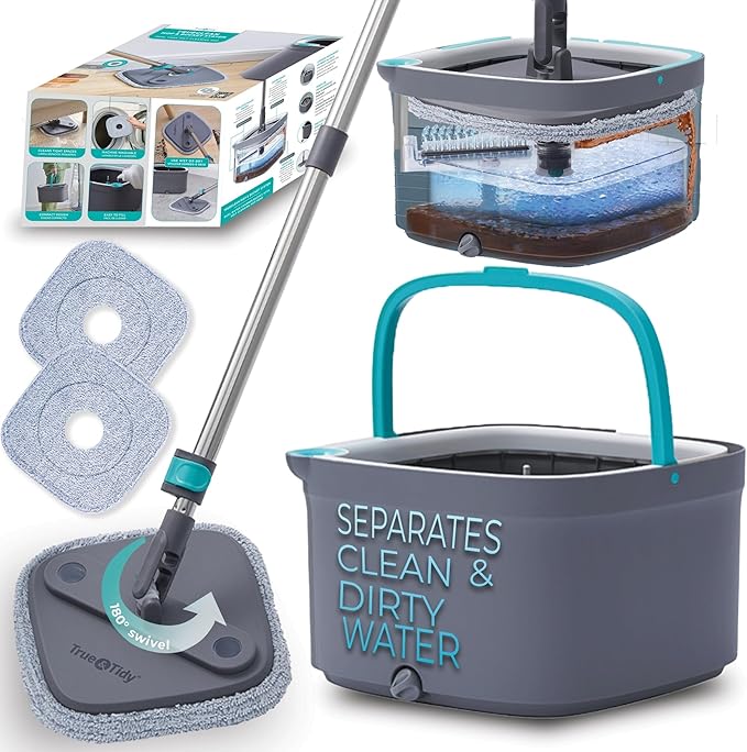 True &amp Tidy True Clean Spin Mop &amp Bucket System – Dual Compartment Design for Clean &amp Dirty Water 360° Swivel Mop Head Built-in Scrubbing Brush Stainless Steel Handle &amp 2 Reusable M