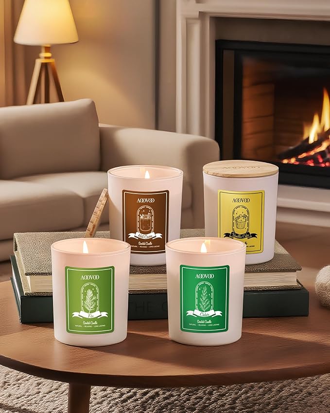AOOVOO Holiday Candles Set for Women - 4 Pack Candles for Home Scented Aromatherapy Candle with Crystals 28 oz 200 Hour Long Lasting Candle Winter Fragrance of Cedar Fir Hot Cocoa Vanilla Cake