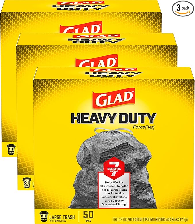 Glad ForceFlex Heavy Duty Large Trash Bags Hold 80+ lb 30 Gal 50 Ct Pack of 3 (Package May Vary)
