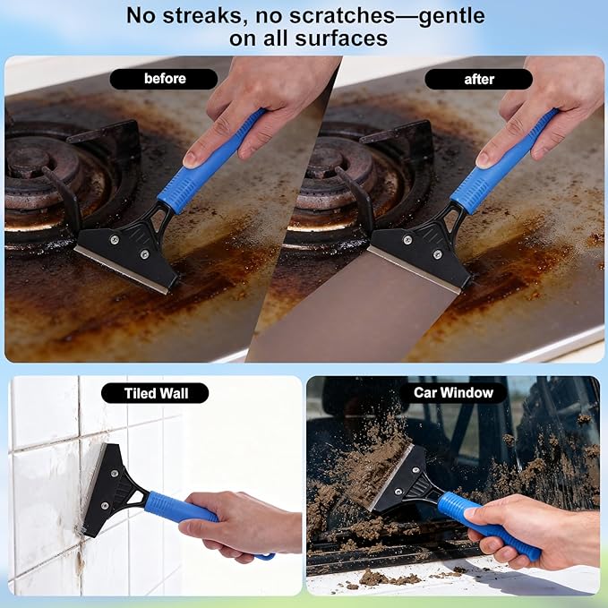 3-in-1 Professional Window Squeegee Kit with 2 Squeegee 2 Microfiber Scrubber 1 Razor Scraper Thick Iron 48.8 Window Squeegee with Extension Pole for Car Glass Mirror Wall Bathroom Home Van