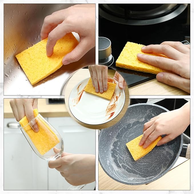 Zhengmy 100 Pieces Sponges Kitchen Compressed Sponges Bulk Natural Dish Sponge Compressed Wood Pulp Cleaning Sponge Without Scratching for Kitchen Bathroom 3.9 x 2.4 x 0.12 Inch (Yellow)