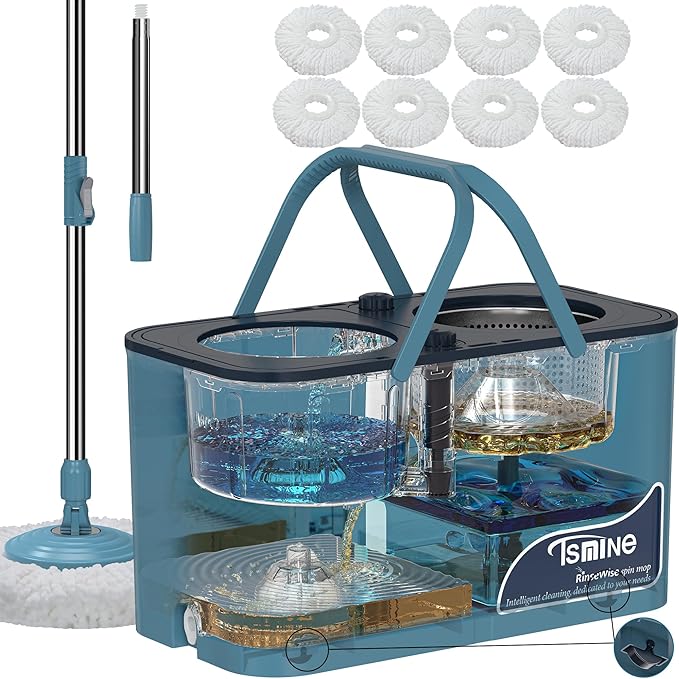 Gen 1 Large-Capacity Spin Mop and Bucket – for Big Homes &amp Deep Cleaning Days4-Chamber System Separates Dirty &amp Clean Water 2-GAL Heavy-Duty Design with Wheels &amp 8 Refill Mop Heads - Blu
