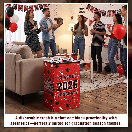 Tinlade 6 Pack 2026 Red and Black Graduation Decorations 13 Gallon Disposable Trash Cans Class of 2026 Party Garbage Bins Large Waterproof Foldable Recycle Pop up Bins for Graduation Party School