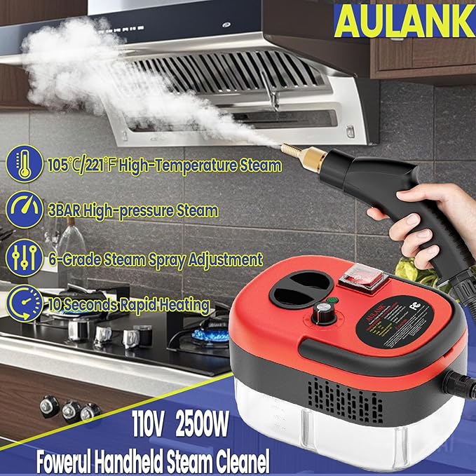 2500W Handheld Steam CleanerPortable Car Steamer For Auto DetailingHigh-Temperature and Pressure Steam Cleaner For Home Steam Cleaning Machine for FurnitureKitchenGroutFloorTile (Red)