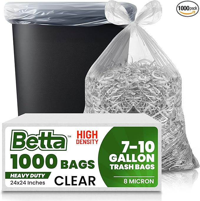 Betta 8-10 Gallon Medium Trash Bags Clear 1000 Count Box (24x24-inch) Commercial Office Wastebasket Garbage Can Liners 7-10 Gallon Round Cans 6-8 Gallon Slim and Square Cans