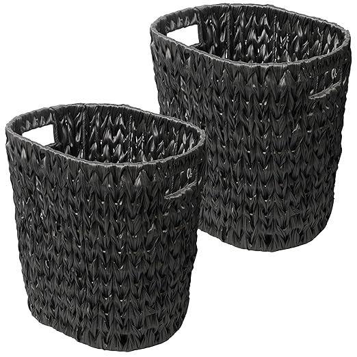 Eyely MPH1407C-SET2 Beech Contemporary Farmhouse Resin 4.5-Gallon Tapered Oval Wicker Watebasket with Handles for Kitchen Office Bathroom Bedroom Dorm Black (Set of 2)