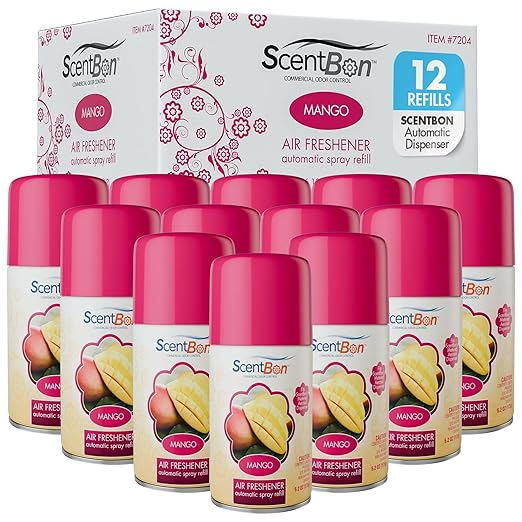 Metered Air Freshener Refills for Aerosol Dispenser – Mango Scent – 6.2 oz – 12 Pack – Automatic Air Freshener Spray Refill – Commercial Aerosol Deodorizer for Office Bathroom Gym Businesses