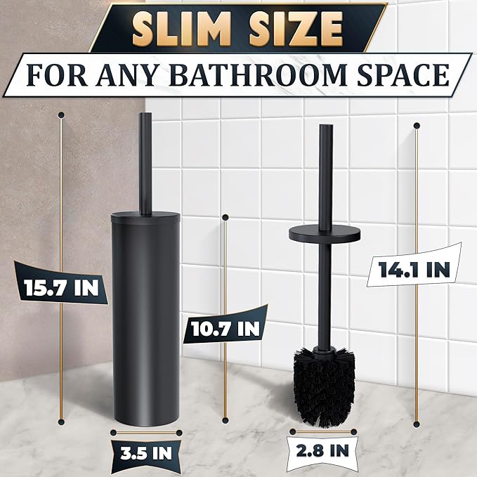 Black Toilet Brush and Holder Set - Scratch Resistant Black Toilet Bowl Brush and Holder with Soft Bristles Replaceable Head Protection from Splashes and Compact Design - for Effective Cleaning