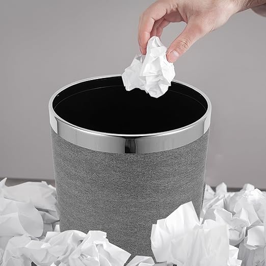 10l Indoor Trash Can Garbage Bin for Bathroom Kitchen Double-Layer Gray Leather Wastebasket Retro Round Home Use Trashcan for Hotel Ktv