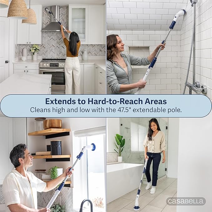 Casabella Power Spin Scrubber Extendable to 47.5” – Cordless Electric Cleaner for Shower Kitchen Bathroom Tile Tub Car Deck - Rechargeable Spin Brush with Adjustable Brush Head &amp 4 Attachme