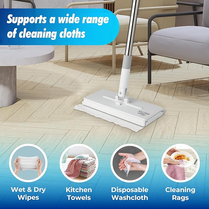 FlexiClamp Sweep &amp Mop Kit - Compatible with Swiffer Pads Durable Cleaning Tool for Hardwood Tile Marble &amp Laminate Floors Home Kitchen Cleaning Essentials. (Include 10 Dry Cloths)