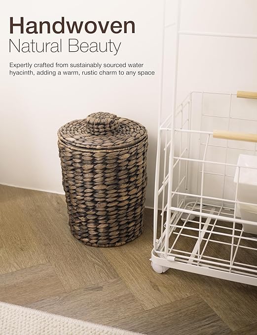 2 Gallons Wicker Waste Basket - Water Hyacinth Bathroom Trash Can - Garbage Can with Lid Boho Style - Wicker Trash Can with Lid for Bedroom Kitchen - Removable Liner Handwoven (Black Color)