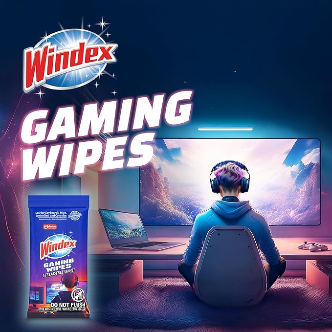 Windex Gaming Cleaning Wipes Ammonia-Free Anti-Static Electronics Cleaner for Consoles Controllers Screen TV Computer Monitor &amp Keyboard Streak-Free Pre-Moistened 25 Count (Pack of 12)