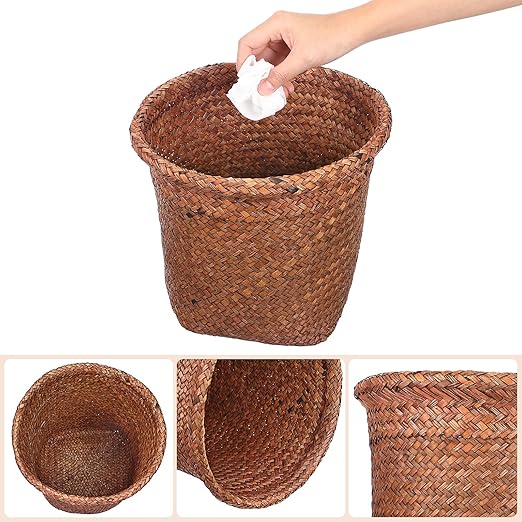 Cabilock Straw Woven Wastebasket 10.43 Inch Round Open Top Wicker Trash can Storage Bin for Bathroom Office Home Organization