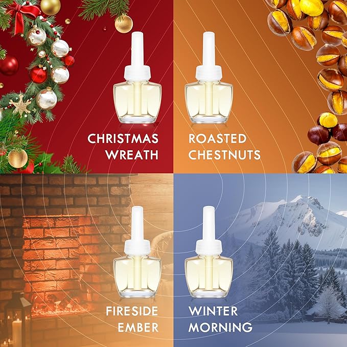 Plug In Air Freshener Refills 12 Pack – Fireside Ember Winter Morning Roasted Chestnuts &amp Christmas Wreath for Bathroom – Compatible with Air Wick &amp Glade Not Include Glade Plus