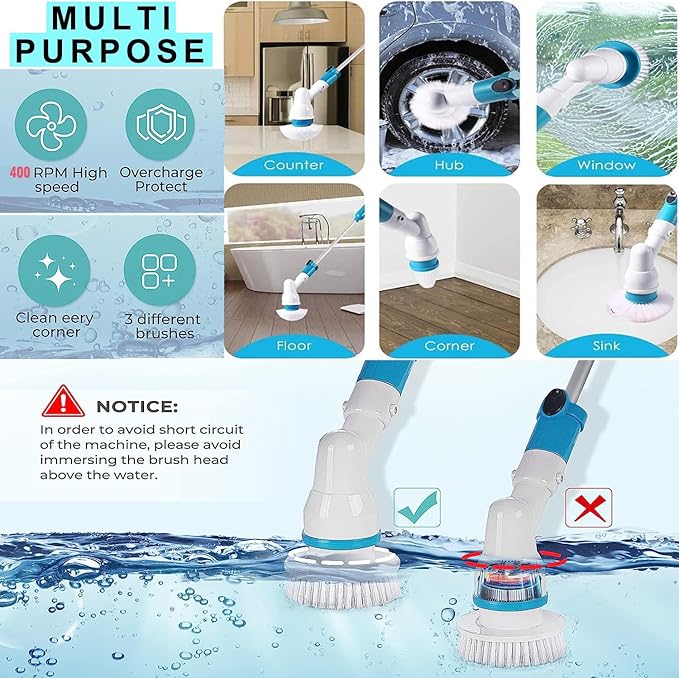 Electric Spin Scrubber360 Cordless Tub and Tile ScrubberMulti-Purpose Power Surface Cleaner with 3 Replaceable Cleaning Scrubber Brush HeadsExtension Handle Shower Scrubber for Bathroom Floor Tile