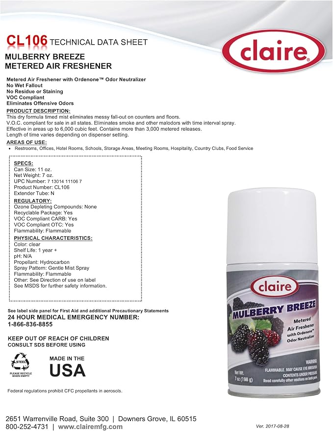 Claire CL106-12pk Mulberry Breeze Metered Air Freshener 7 Oz. Net Wt 12 Count