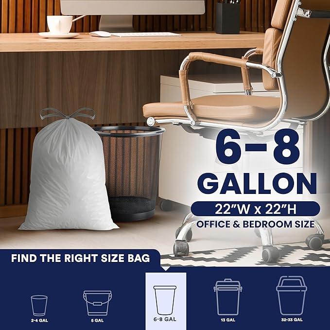Plasticplace 8 Gallon Trash Bags -White Drawstring Garbage Can Liners - 200 Count - Leak-Resistant and Tear-Proof for Kitchen Bathroom Office and Small Trash Cans 0.7 Mil