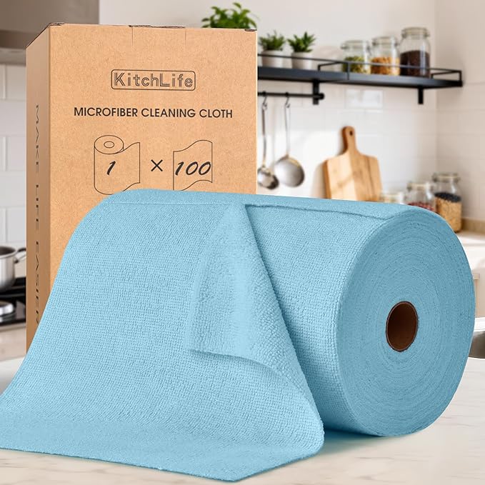 KitchLife Microfiber Cleaning Cloth Roll 100 Pack - Tear-Away Microfiber Paper Towels Lint-Free Reusable Washable for Kitchen Car Dishes and Sensitive Surfaces (Blue)
