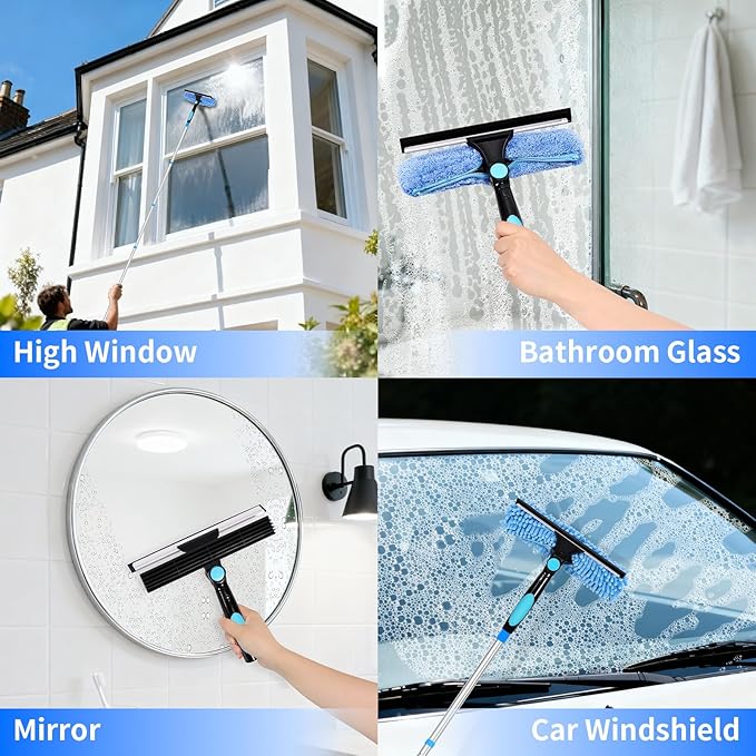 12.2FT/3.7M Window Cleaning Tools Professional 2 in 1 Window Cleaner Tool Kit 2 in 1 Extendable Squeegee Window Cleaner for high Windows Car Glass