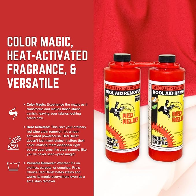 Pro's Choice Red Relief Stain Remover for Clothes Laundry - Stain Removal for Kool Aid &amp Synthetic Food Colors - Fabric Carpet &amp Couch Dye Remover - Red Wine Spot Eraser (2 Pint Set)