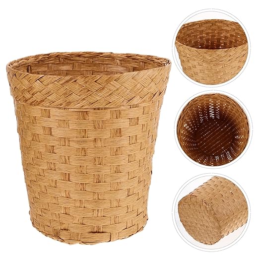 IMIKEYA Wicker Waste Paper Basket Small Woven Basket Desktop Trash Can Wastebasket Decorative Waste Bin Round Garbage Can Rubbish Basket for Bedroom Bathroom Office Home