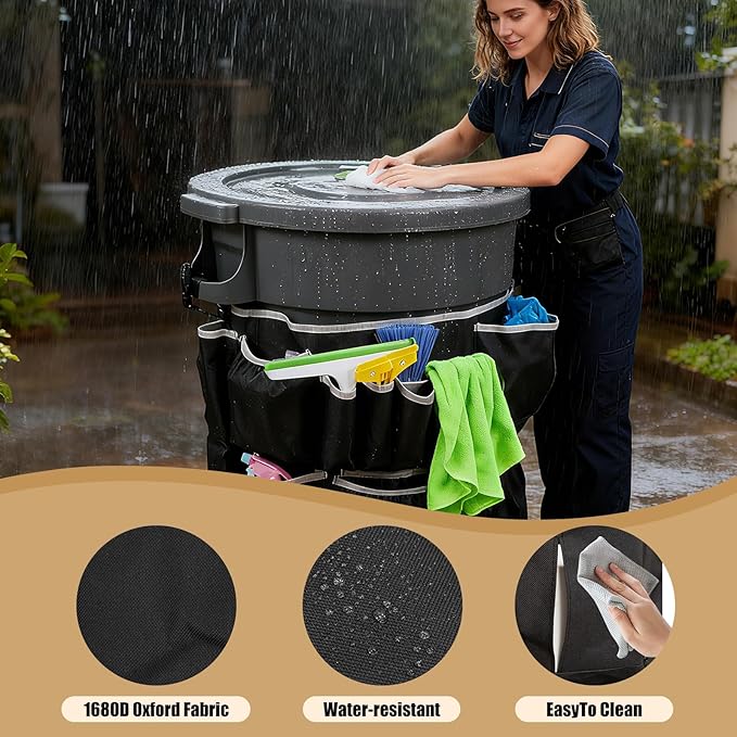 Trash Can Caddy Bag Upgraded Large Cleaning Caddy fits for 32-55 Gallon Garbage Bin Multi-Pocket Garbage Bin Caddy Organizer for House Cleaners &amp Janitorial Duties Gray Edge