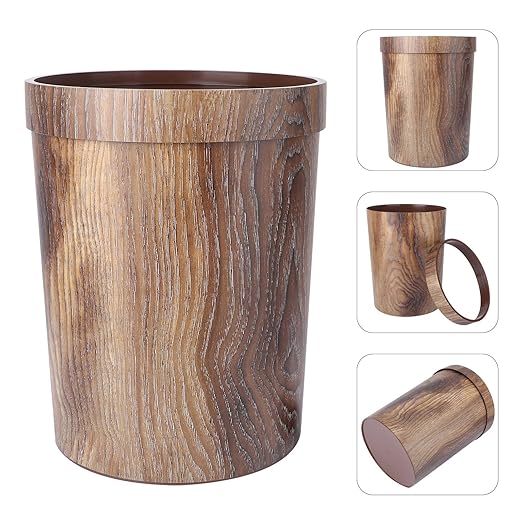 KESYOO Vintage Style Wood Grain Trash Can Large Round PP Garbage Bin for Home Kitchen Living Bedroom Wastebasket with Decorative Natural Wood Texture