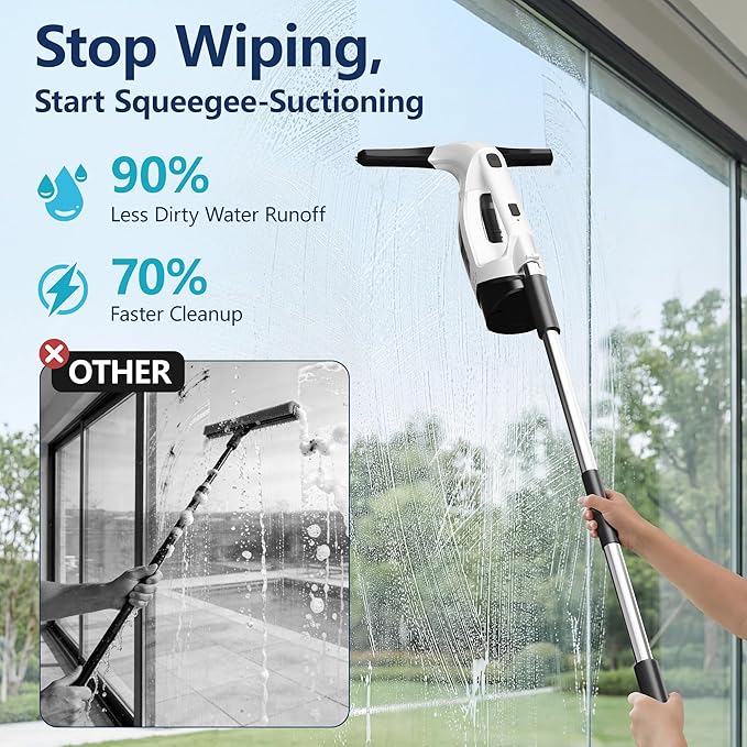 Aixiqee Window Vacuum Squeegee with Extendable Pole 31-40 2000Pa Electric Window Cleaning Tool with 2200mAh and 150ml Dirty Water Tank Long Handle Squeegee for Shower Glass Window Cleaning (White)