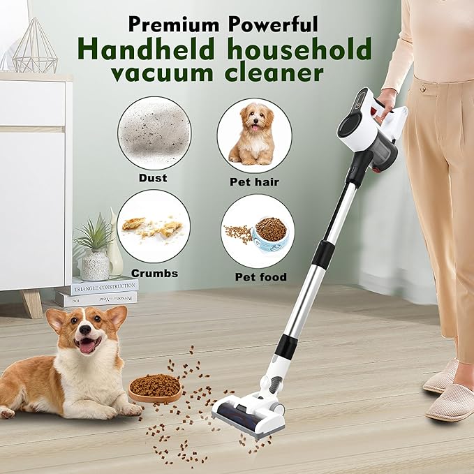 Cordless Vacuum Cleaner Powerful Brushless Motor 6-in-1 Lightweight Vacuum Cleaner Wall Mount with LED Display and Motor Mop Light for Pet Hair/Hardwood Floors/Car（Lvory）