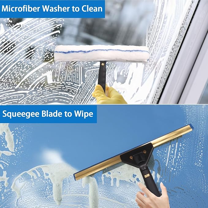 Pro Window Cleaning Kit with Storage Bucket with 4 13 inch Extension Rods Scrubber Spray Bottle Rag and Scraper with Rotating Head - Car/Home Glass Cleaning System