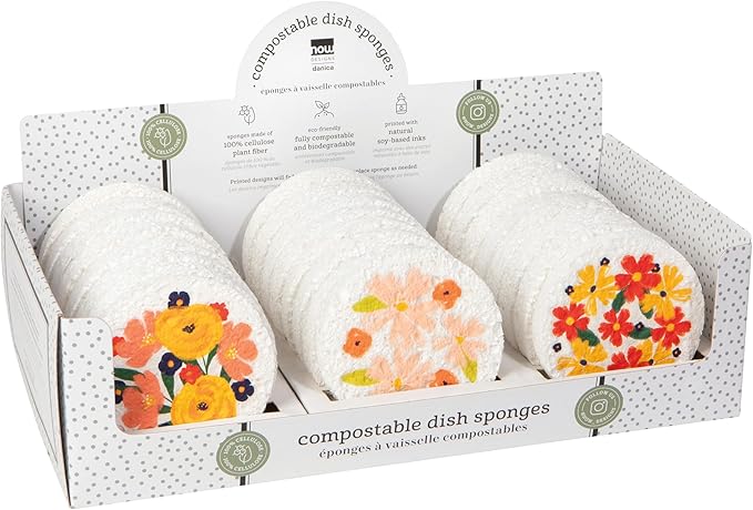 Now Designs Full Bloom Sponge Counter Display - Set of 24 Assorted Compostable Sponges Floral Design 100% Cellulose Eco-Friendly CDU Dimensions: L12.75 x D7 x H3.75in