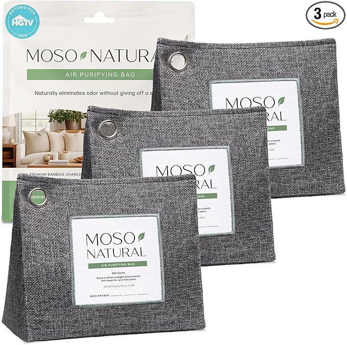 Moso Natural Air Purifying Bag 600g (3 Pack) Premium Bamboo Charcoal Odor Absorber | Pet Odor Eliminator for Home | Room Deodorizer for Large Spaces Bedroom Kitchen Basement | Charcoal Bags
