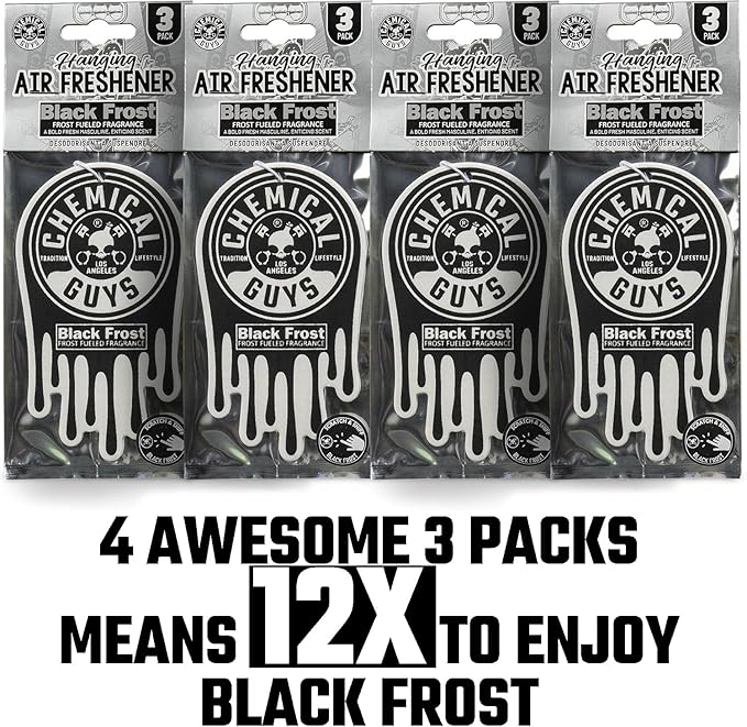 Chemical Guys Car Fresheners Hanging Air Freshener Black Frost Scent 12 Pack Great for Cars Trucks SUVs RVs Home Garage Workspace Dorm Room &amp More (4 x 3 Packs)