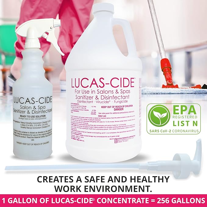 LUCAS-CIDE Salon and Spa Disinfectant 1 Gallon (Pink) Bundle with Pump &amp Leak Proof Empty Spray Bottle (32 Oz.)