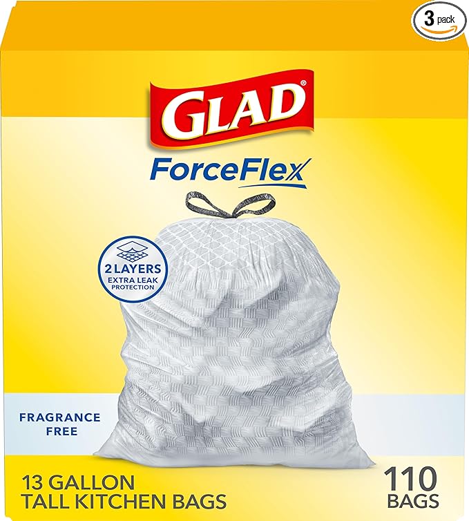 Glad ForceFlex Tall Kitchen Drawstring Trash Bags13 GalFragrance Free110 Ct (Package May Vary)(Pack of 3)