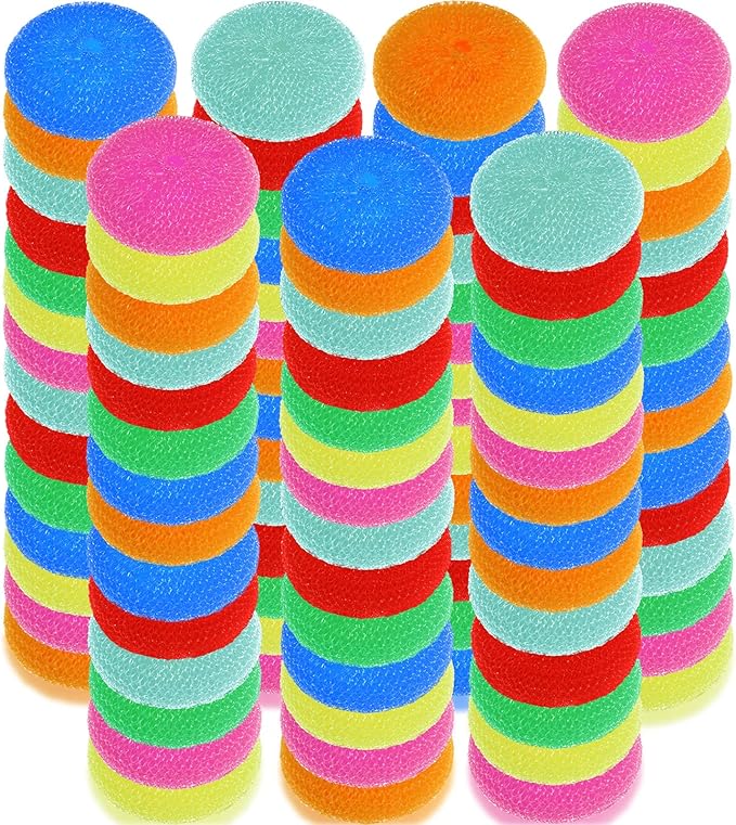 Nuogo 100 Pieces Reusable Plastic Dish Pot Scrubbers Bulk Non-Scratch Nylon Scouring Pads for Kitchen Cleaning Assorted Color Poly Mesh Dishwashing Pads for Household Use