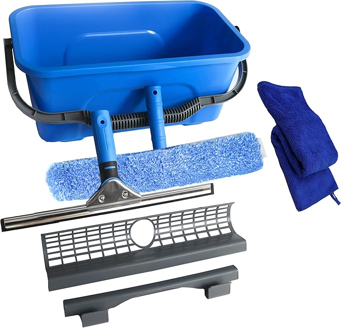 Squeegee with Shelf Storage for Window CleaningWindow Cleaning Squeegee kit with Bucket&ampMicrofiber ScrubberBathroomShower DoorsMirrorsTilesand Car Windows Blue