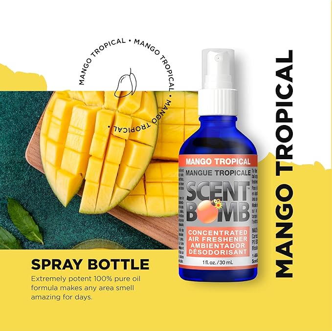 Scent Bomb Air Freshener Bundle - 1 oz &amp 8 oz Bottle Sprays Vent Clip Organic Cans Hanging Circle - Continuous Freshness &amp Long-Lasting Odor Eliminator for Car Home Bathroom - Mango Tropi