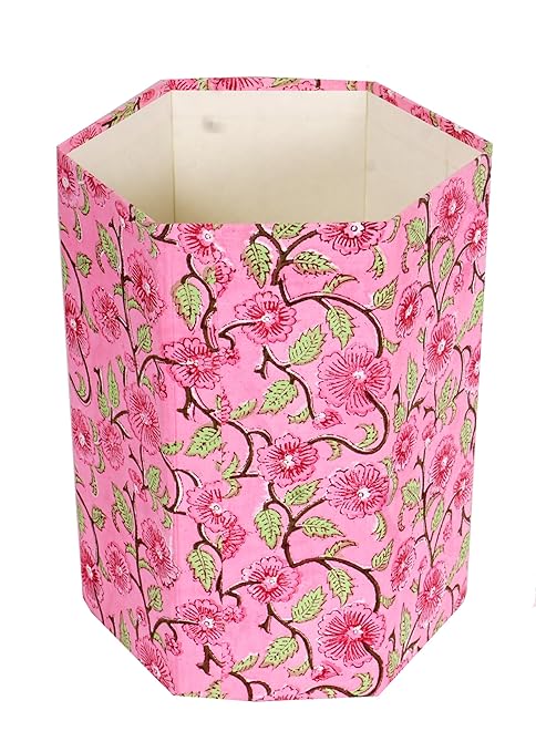 Handmade Cotton Paper Waste Basket Stylish Trash Can for Home or Office (1 Pink FLOWAR)