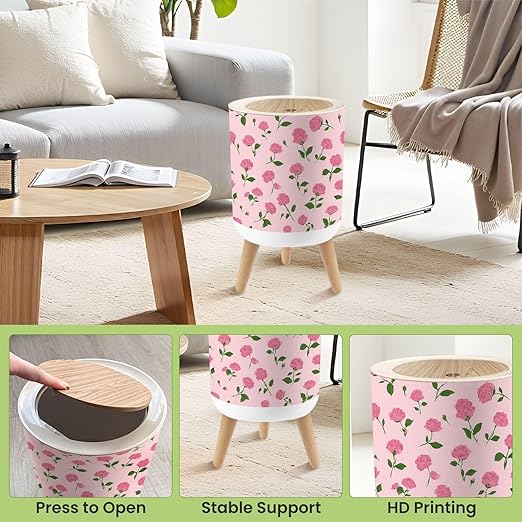 Bathroom Trash Can with Lid Coquette Roses Pink Seamless Design Garbage Bin Waste Basket for Kitchen Office Bedroom Decoration Diaper Pail 1.8 Gallon