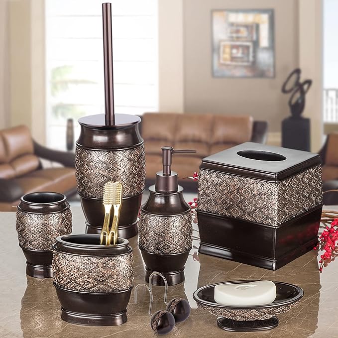 Creative Scents Dublin Brown Bathroom Accessories Set 6-Piece Resin Bathroom Decor Set Includes Toilet Bowl Brush and Holder Tissue Box Cover Soap Dispenser Soap Dish Cup &amp Toothbrush Holder